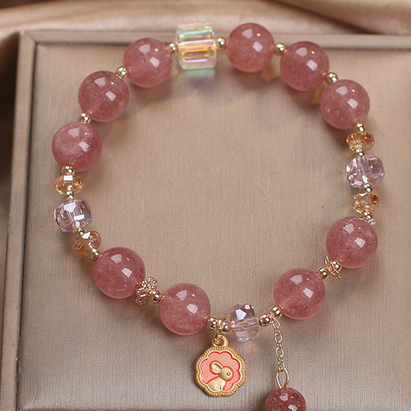 Conejo • Pulsera de la suerte de cristal de fresa