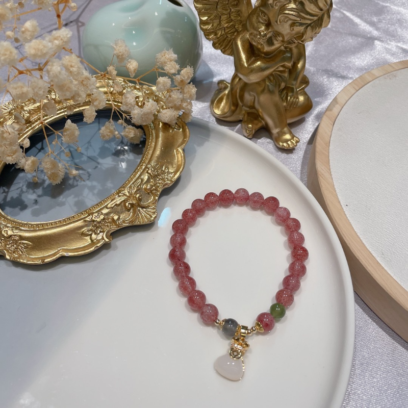 White Jade Lotus Strawberry Crystal Bracelet
