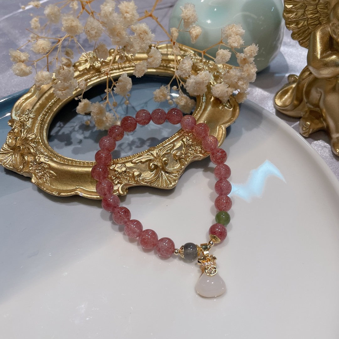 White Jade Lotus Strawberry Crystal Bracelet