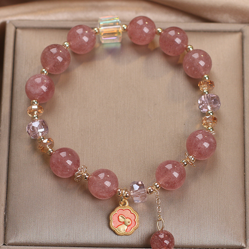 Conejo • Pulsera de la suerte de cristal de fresa