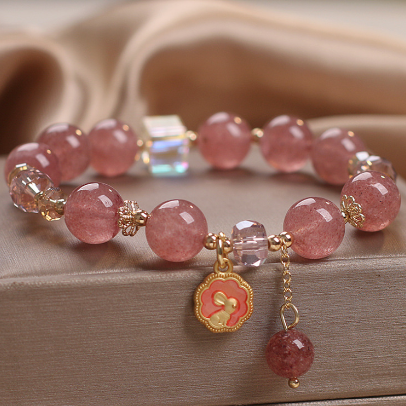 Conejo • Pulsera de la suerte de cristal de fresa