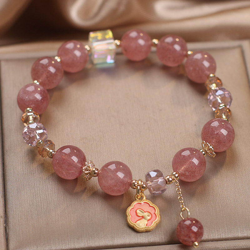 Conejo • Pulsera de la suerte de cristal de fresa