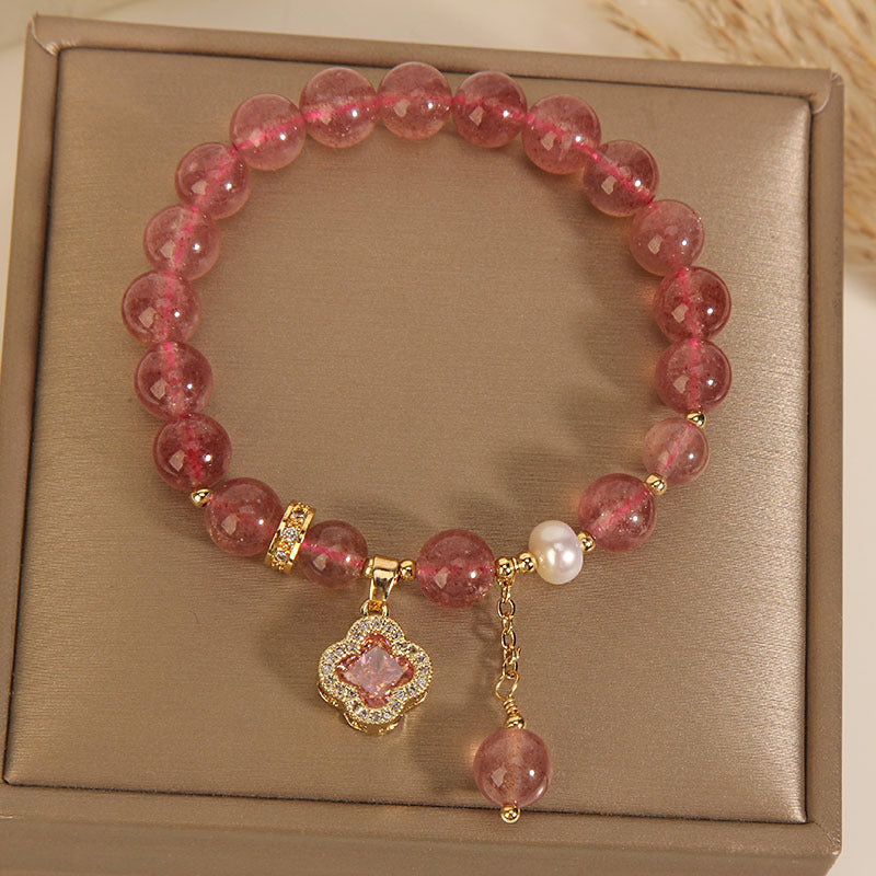 Pulsera de trébol de cuatro hojas con cristal de fresa natural