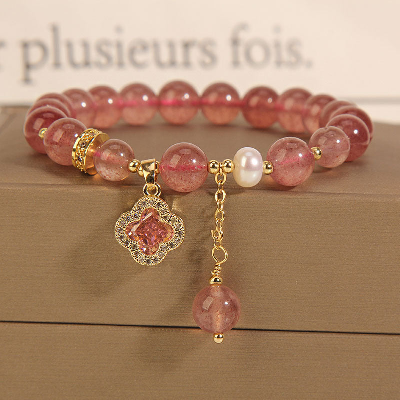 Pulsera de trébol de cuatro hojas con cristal de fresa natural