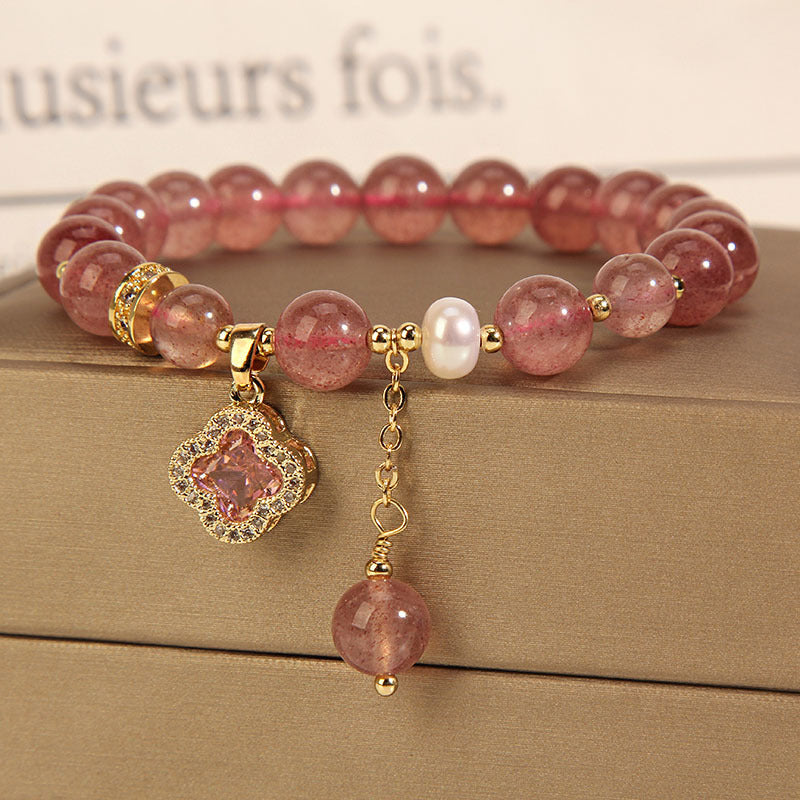 Pulsera de trébol de cuatro hojas con cristal de fresa natural
