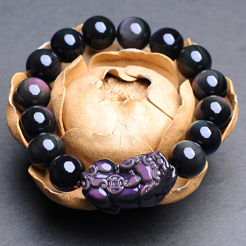 PiYao · Pulsera de obsidiana de ojo de arcoíris doble natural