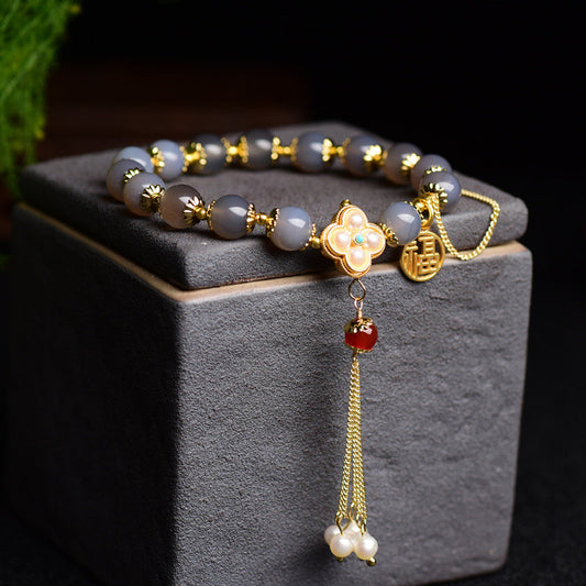 Pulsera con borla de ágata gris natural