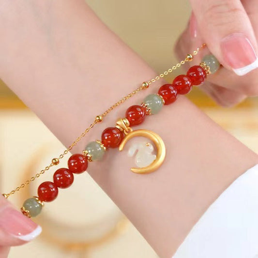 Ágata roja natural · Pulsera de conejo lunar